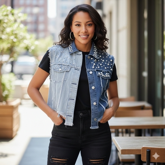 POL Mixed Wash Pearl & Rhinestone Distressed Denim Vest - Picture 4 of 12